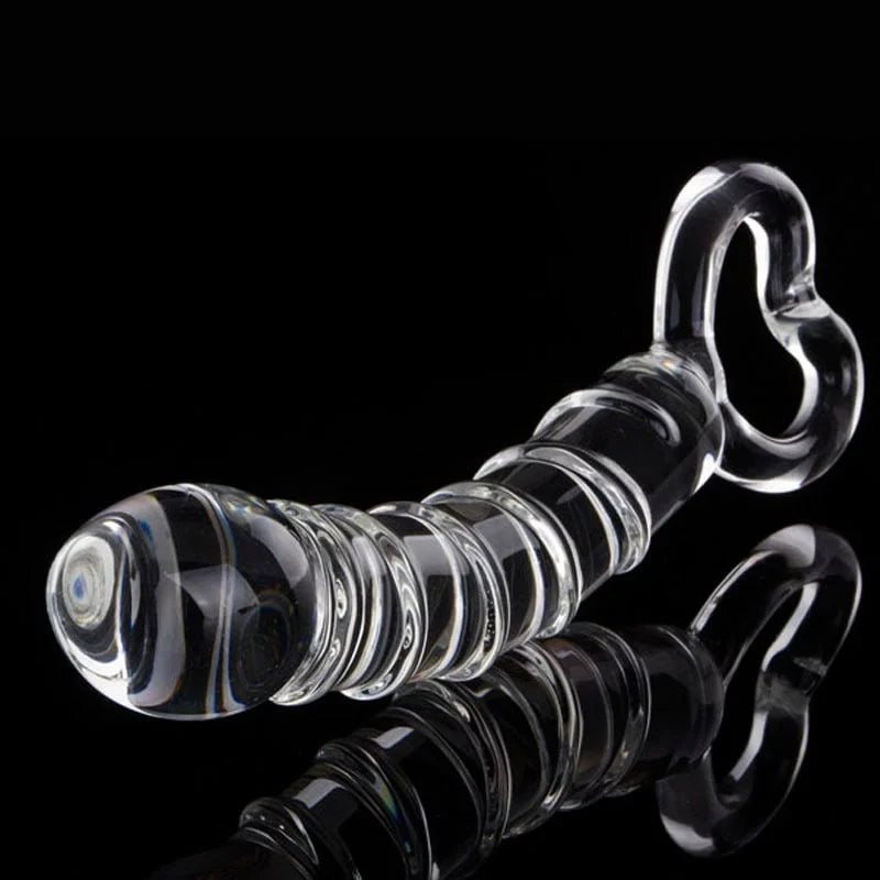 Luxus Glas Dildo mit Griff, 21 cm Länge, spiralförmige Struktur und bulböser Kopf - Intensives Vergnügen.